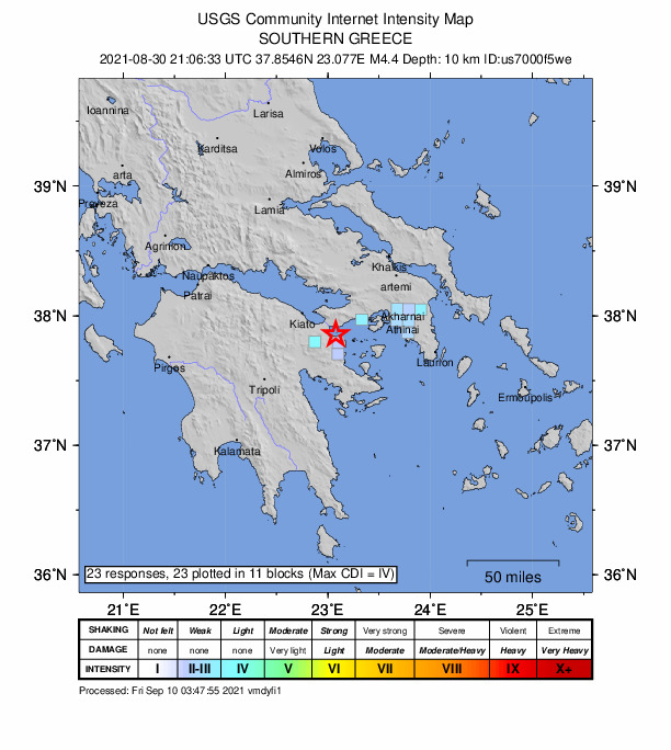 USGS DYFI community-reported intensity map for the M4.4 earthquake near 7 km NNE of Sofik?n, Greece