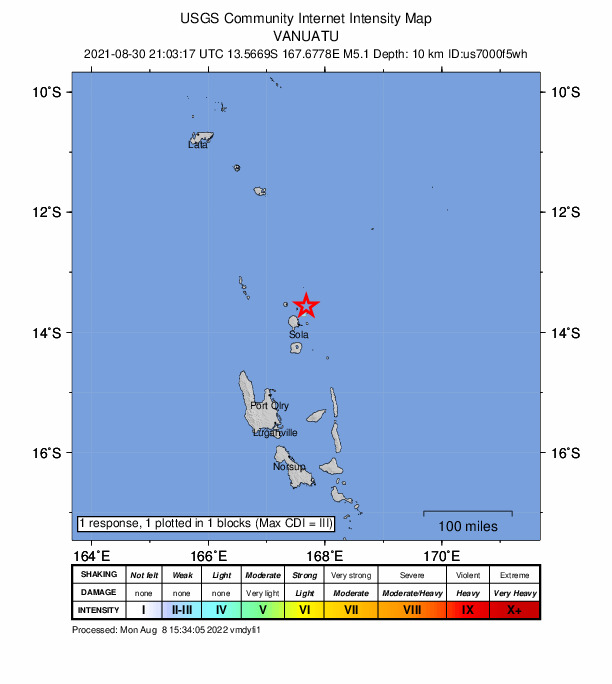 USGS DYFI community-reported intensity map for the M5.1 earthquake near 36 km NNE of Sola, Vanuatu