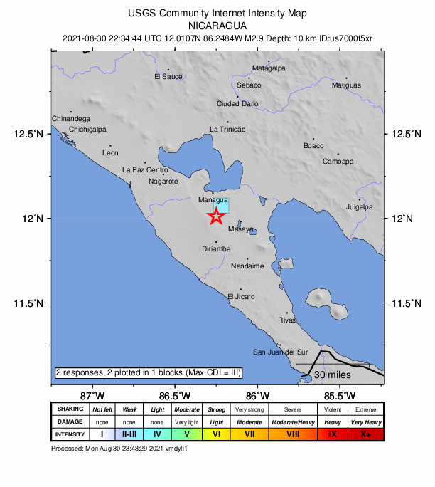 USGS DYFI community-reported intensity map for the M2.9 earthquake near 4 km WSW of Ticuantepe, Nicaragua