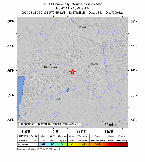 USGS DYFI community-reported intensity map for the M5.1 earthquake near 24 km S of Severomuysk, Russia