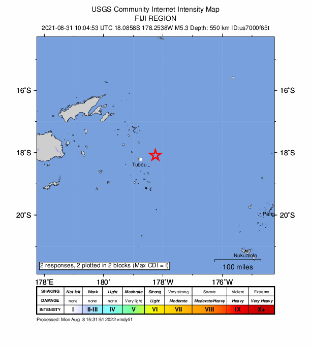 USGS DYFI community-reported intensity map for the M5.3 earthquake near Fiji region