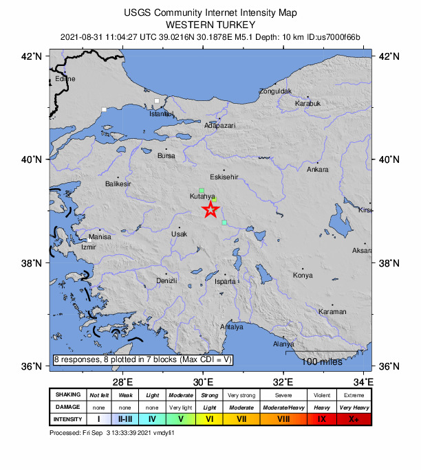 USGS DYFI community-reported intensity map for the M5.1 earthquake near 19 km W of ?hsaniye, Turkey