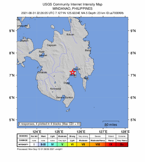 USGS DYFI community-reported intensity map for the M4.5 earthquake near 6 km N of Davao, Philippines