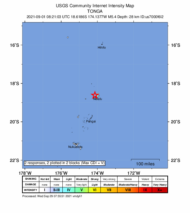 USGS DYFI community-reported intensity map for the M5.4 earthquake near 16 km WNW of Neiafu, Tonga