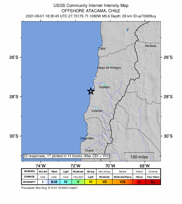 USGS DYFI community-reported intensity map for the M5.6 earthquake near 86 km WSW of Copiapó, Chile