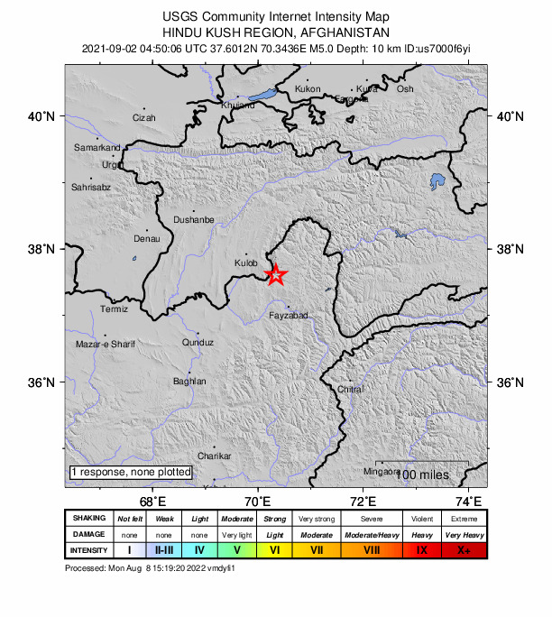 USGS DYFI community-reported intensity map for the M5.0 earthquake near 56 km E of Chubek, Tajikistan