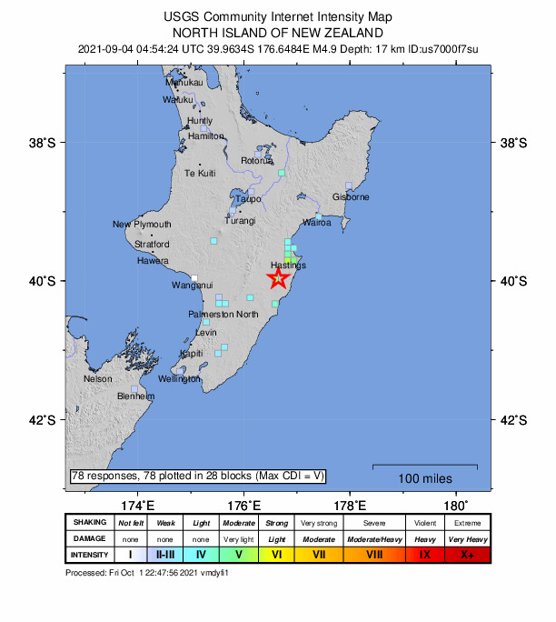 USGS DYFI community-reported intensity map for the M4.9 earthquake near 40 km SSW of Hastings, New Zealand