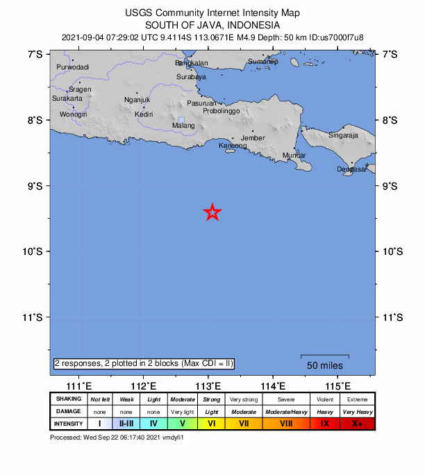 USGS DYFI community-reported intensity map for the M4.9 earthquake near 129 km SSW of Kencong, Indonesia