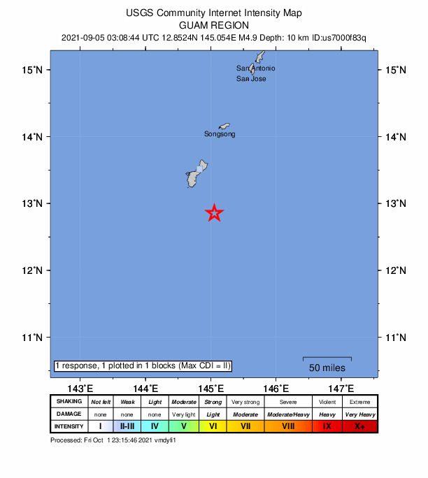 USGS DYFI community-reported intensity map for the M4.9 earthquake near 57 km SE of Inarajan Village, Guam