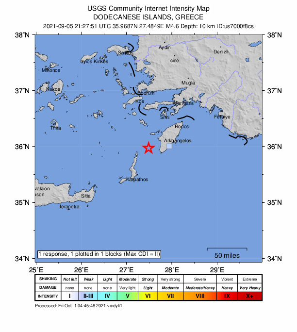 USGS DYFI community-reported intensity map for the M4.6 earthquake near 44 km SW of Émponas, Greece