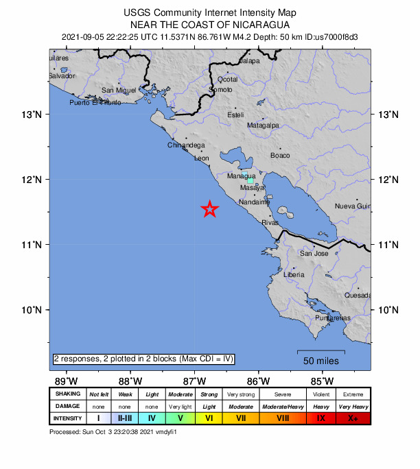USGS DYFI community-reported intensity map for the M4.2 earthquake near 38 km SW of Masachapa, Nicaragua