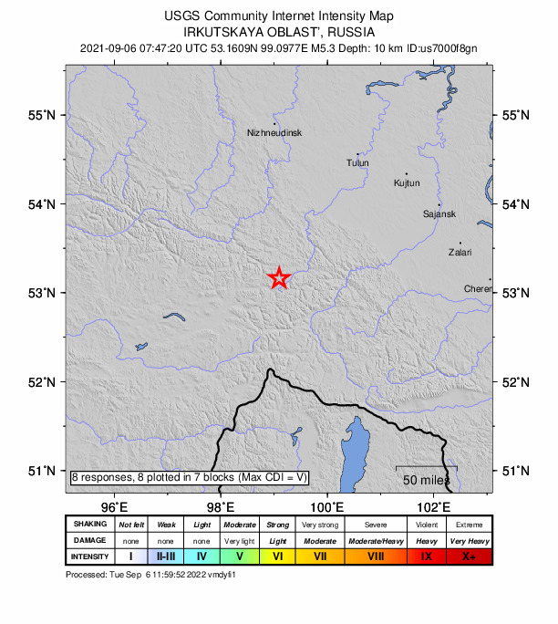USGS DYFI community-reported intensity map for the M5.3 earthquake near 86 km NW of Orlik, Russia