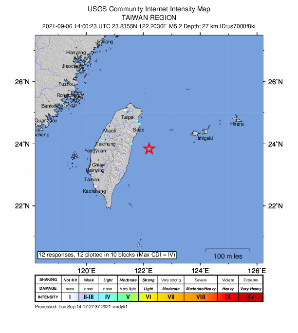 USGS DYFI community-reported intensity map for the M5.2 earthquake near 62 km ESE of Hualien City, Taiwan