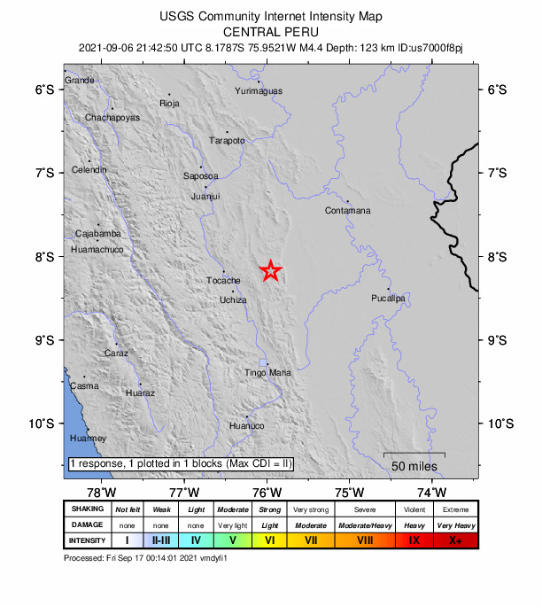 USGS DYFI community-reported intensity map for the M4.4 earthquake near 62 km E of Tocache, Peru