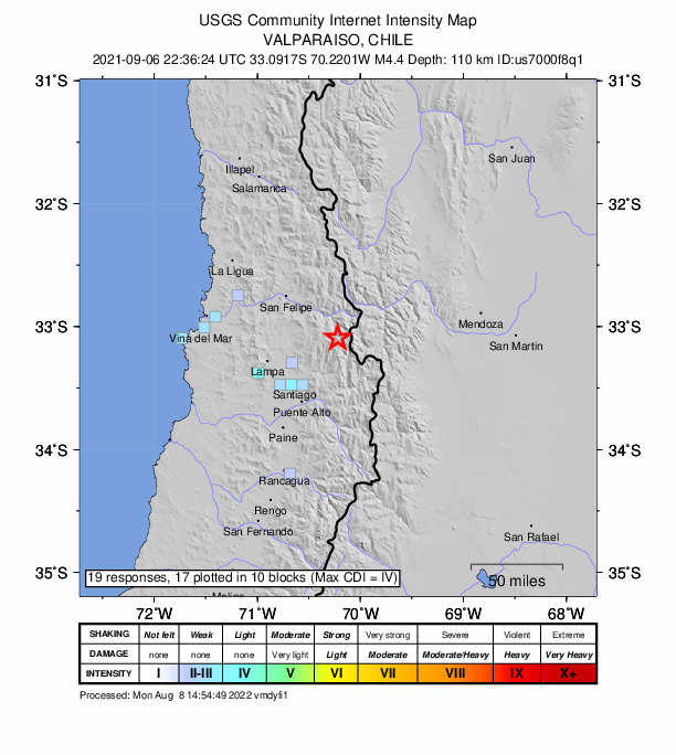 USGS DYFI community-reported intensity map for the M4.4 earthquake near 45 km SE of Los Andes, Chile