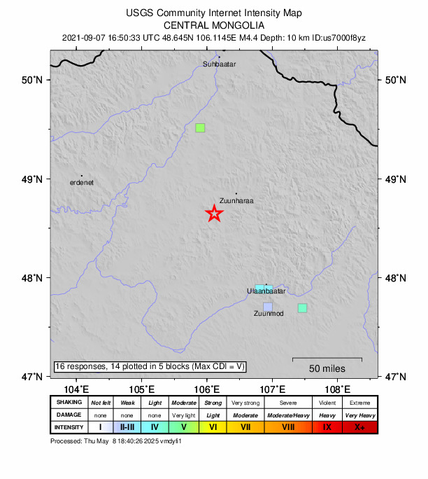 USGS DYFI community-reported intensity map for the M4.4 earthquake near 34 km SW of Dzüünharaa, Mongolia