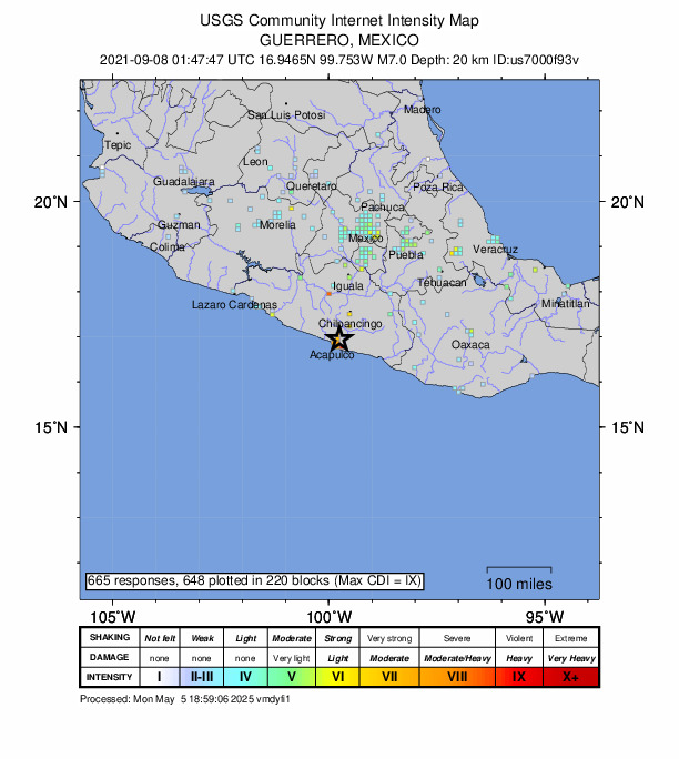 USGS DYFI community-reported intensity map for the M7.0 earthquake near Acapulco, Mexico