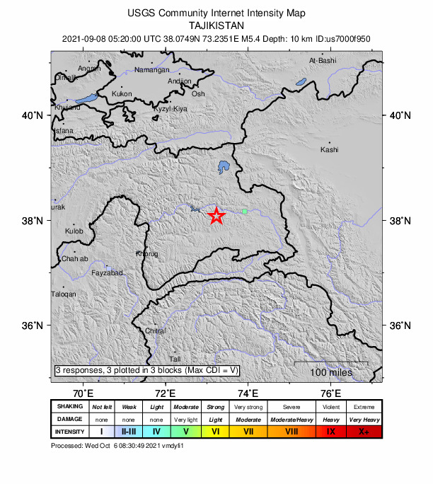 USGS DYFI community-reported intensity map for the M5.4 earthquake near 66 km W of Murghob, Tajikistan