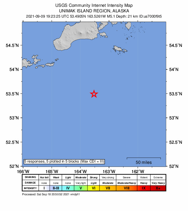 USGS DYFI community-reported intensity map for the M5.1 earthquake near 154 km S of False Pass, Alaska