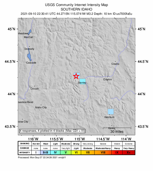 USGS DYFI community-reported intensity map for the M3.2 earthquake near 12 km WNW of Stanley, Idaho