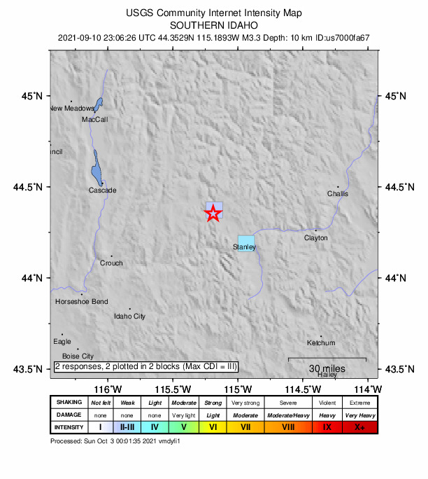 USGS DYFI community-reported intensity map for the M3.3 earthquake near 25 km NW of Stanley, Idaho