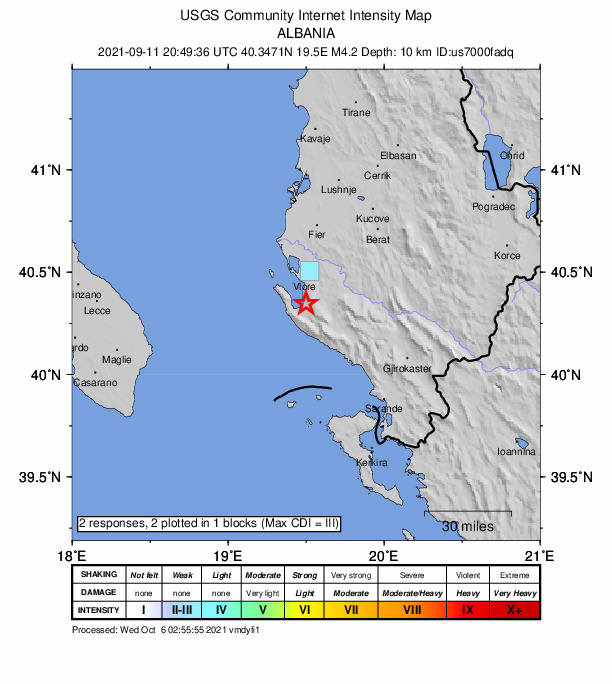 USGS DYFI community-reported intensity map for the M4.2 earthquake near 3 km NE of Orikum, Albania
