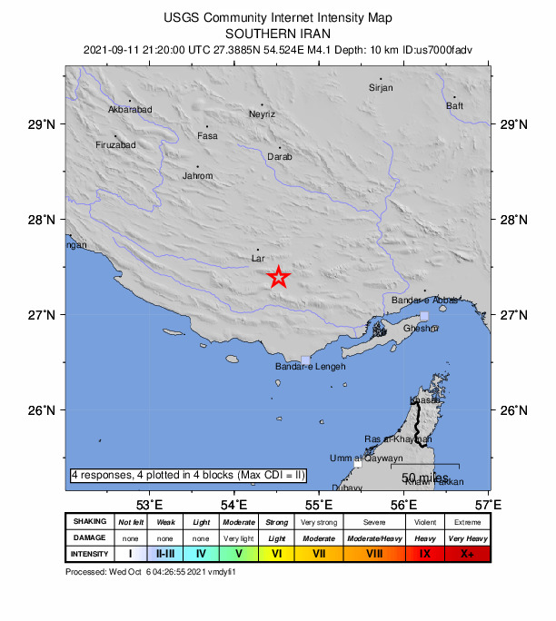 USGS DYFI community-reported intensity map for the M4.1 earthquake near 49 km SE of Ger?sh, Iran
