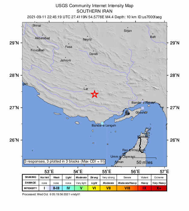 USGS DYFI community-reported intensity map for the M4.4 earthquake near 52 km ESE of Ger?sh, Iran