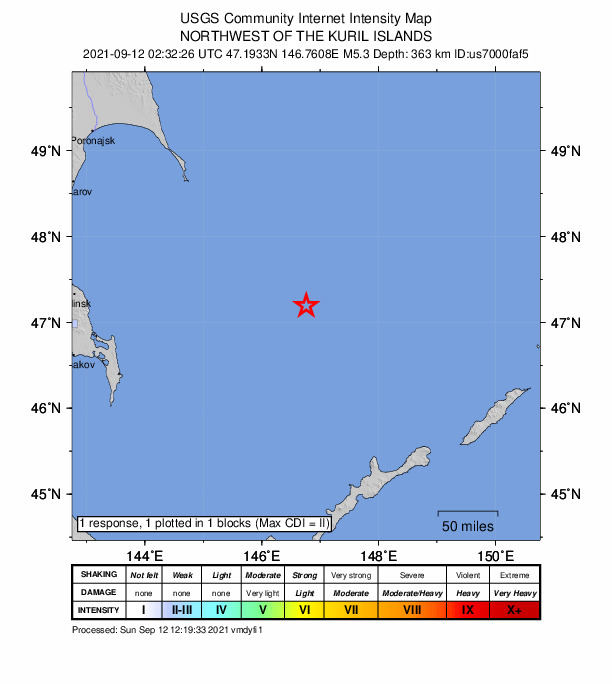USGS DYFI community-reported intensity map for the M5.3 earthquake near 234 km NNW of Kuril’sk, Russia