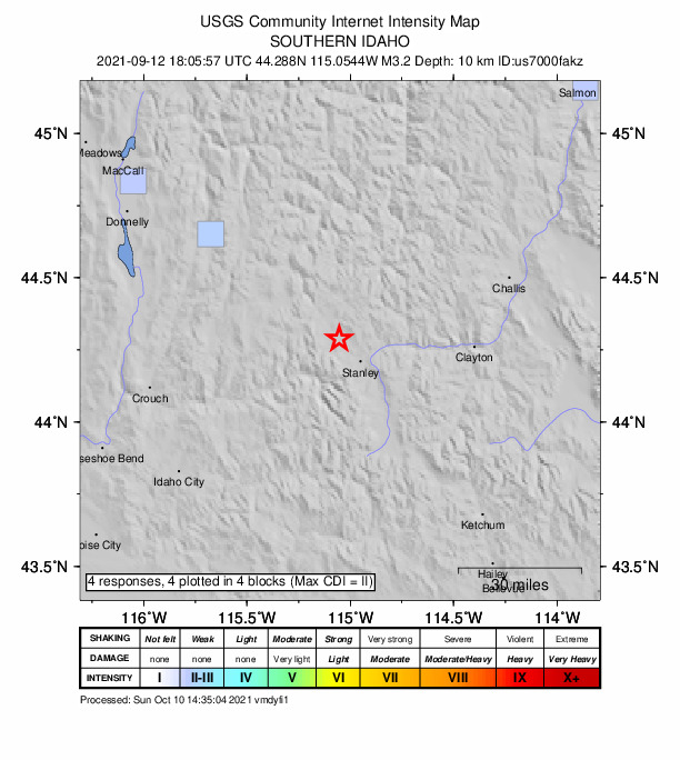 USGS DYFI community-reported intensity map for the M3.2 earthquake near 12 km NW of Stanley, Idaho
