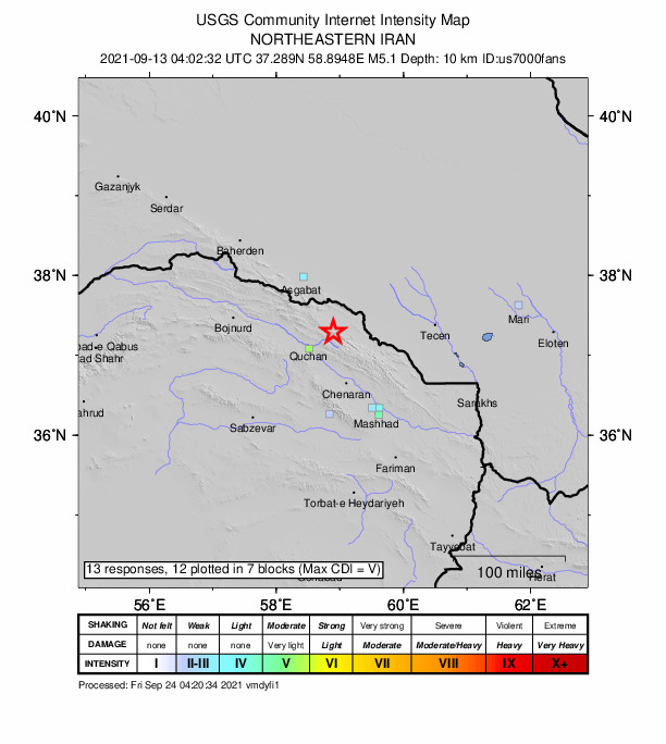 USGS DYFI community-reported intensity map for the M5.1 earthquake near 39 km ENE of Q?ch?n, Iran