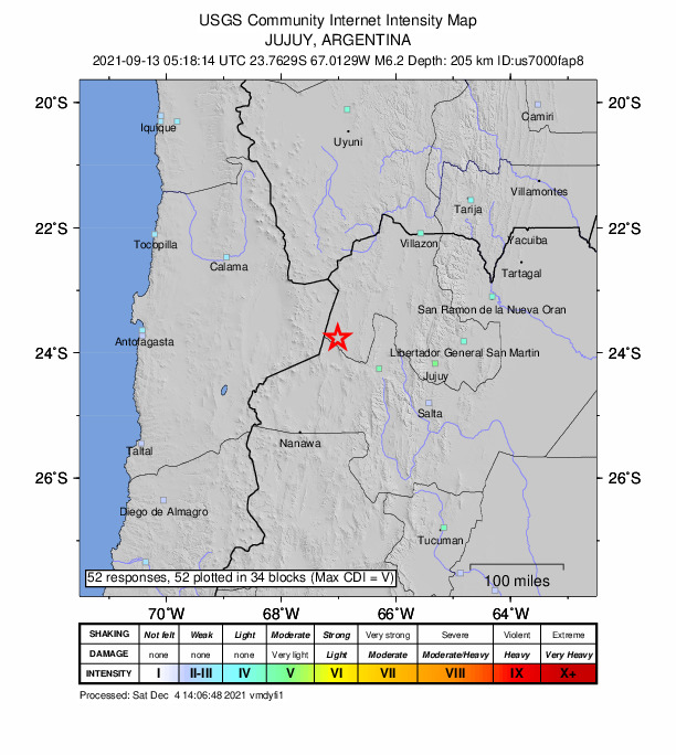USGS DYFI community-reported intensity map for the M6.2 earthquake near 86 km NW of San Antonio de los Cobres, Argentina