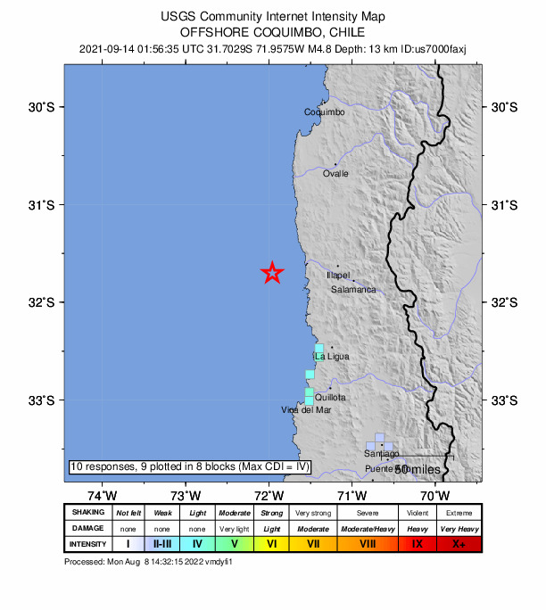 USGS DYFI community-reported intensity map for the M4.8 earthquake near 75 km W of Illapel, Chile