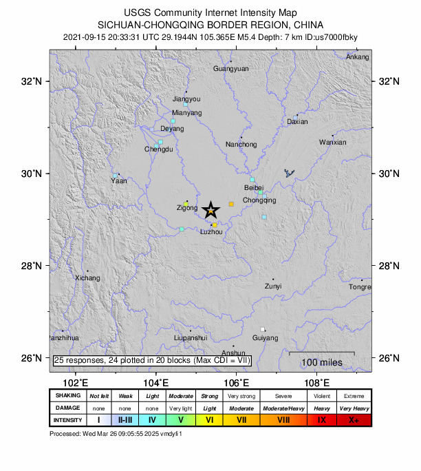 USGS DYFI community-reported intensity map for the M5.4 earthquake near 52 km SE of Neijiang, China