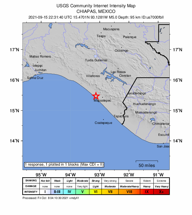 USGS DYFI community-reported intensity map for the M5.0 earthquake near 4 km ENE of La Esperanza, Mexico
