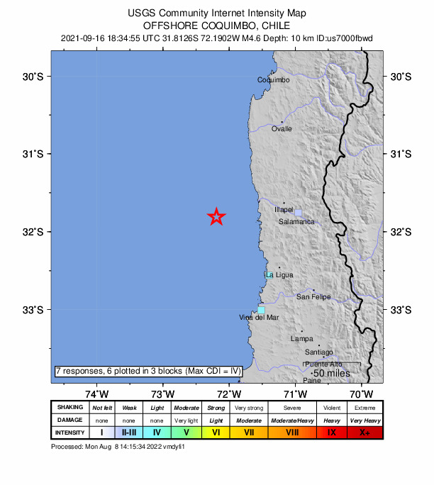 USGS DYFI community-reported intensity map for the M4.6 earthquake near 98 km WSW of Illapel, Chile