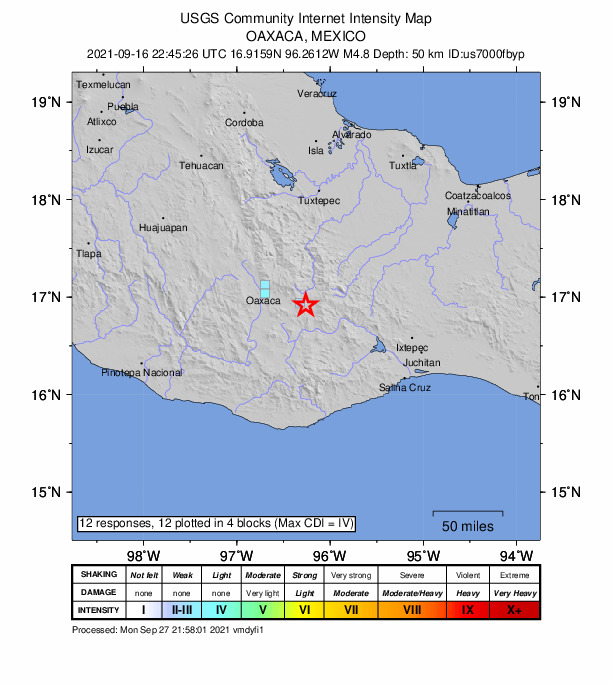 USGS DYFI community-reported intensity map for the M4.8 earthquake near 5 km WSW of San Baltazar Guelavila, Mexico
