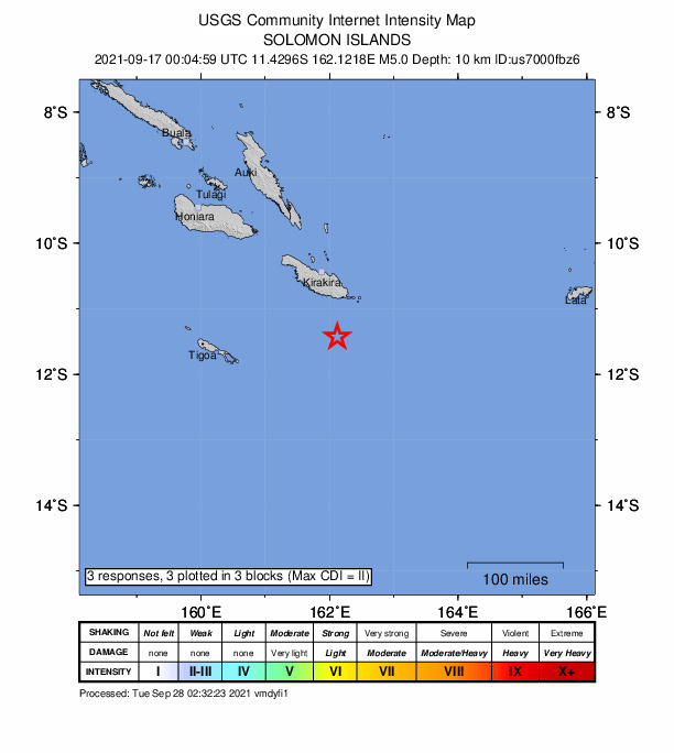 USGS DYFI community-reported intensity map for the M5.0 earthquake near 110 km SSE of Kirakira, Solomon Islands