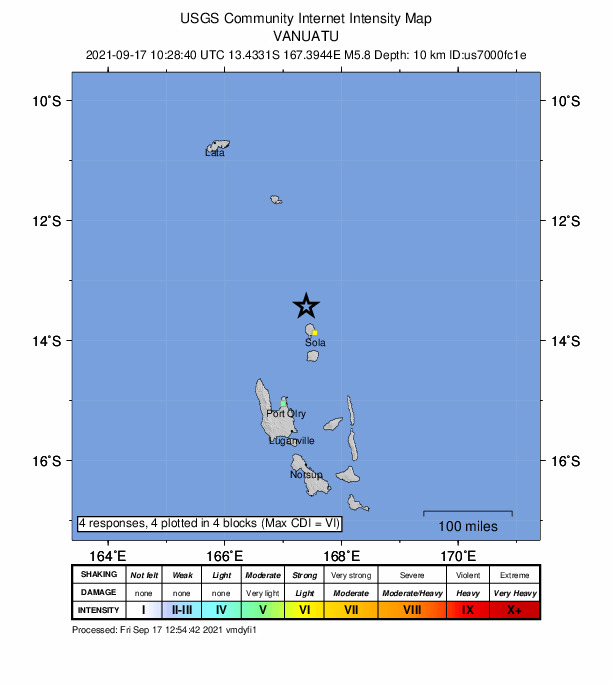 USGS DYFI community-reported intensity map for the M5.8 earthquake near 48 km NNW of Sola, Vanuatu