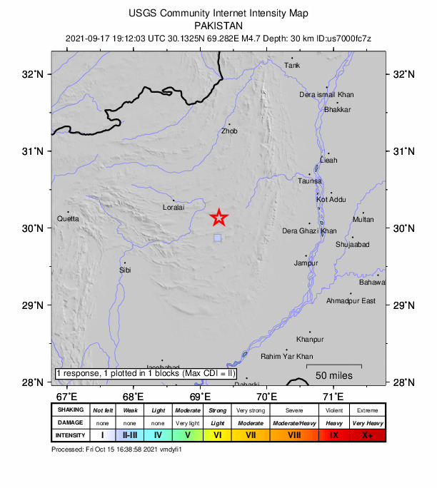 USGS DYFI community-reported intensity map for the M4.7 earthquake near 26 km N of Kohlu, Pakistan