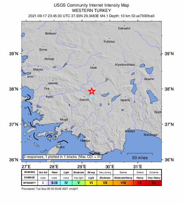 USGS DYFI community-reported intensity map for the M4.1 earthquake near 20 km E of Pamukkale, Turkey