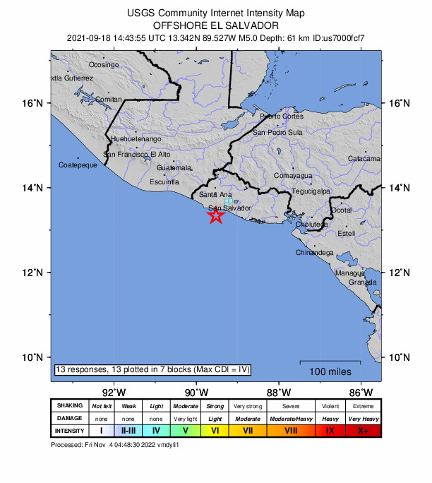USGS DYFI community-reported intensity map for the M5.0 earthquake near 27 km SW of La Libertad, El Salvador