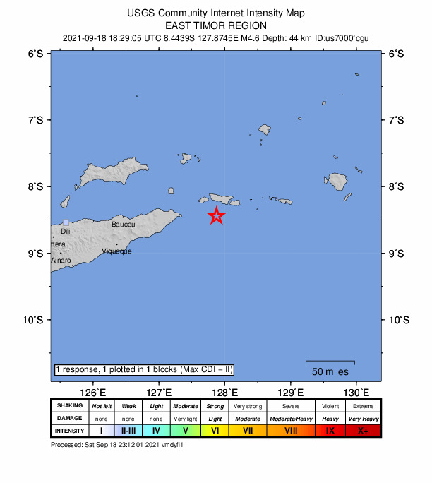 USGS DYFI community-reported intensity map for the M4.7 earthquake near East Timor region