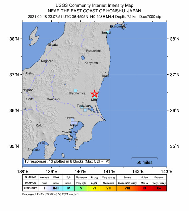 USGS DYFI community-reported intensity map for the M4.4 earthquake near 6 km WSW of Funaishikawa, Japan