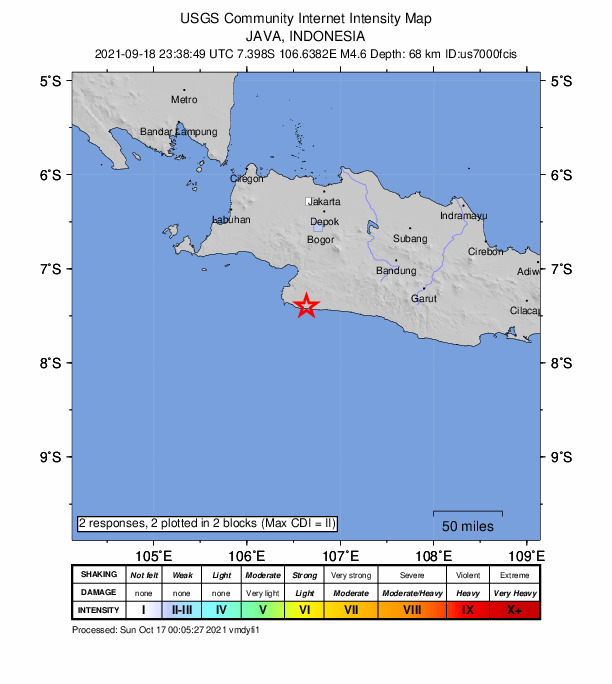 USGS DYFI community-reported intensity map for the M4.6 earthquake near 46 km SSE of Pelabuhanratu, Indonesia