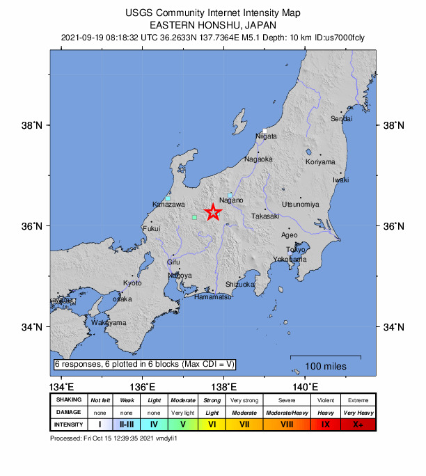 USGS DYFI community-reported intensity map for the M5.1 earthquake near 15 km WSW of Toyoshina, Japan
