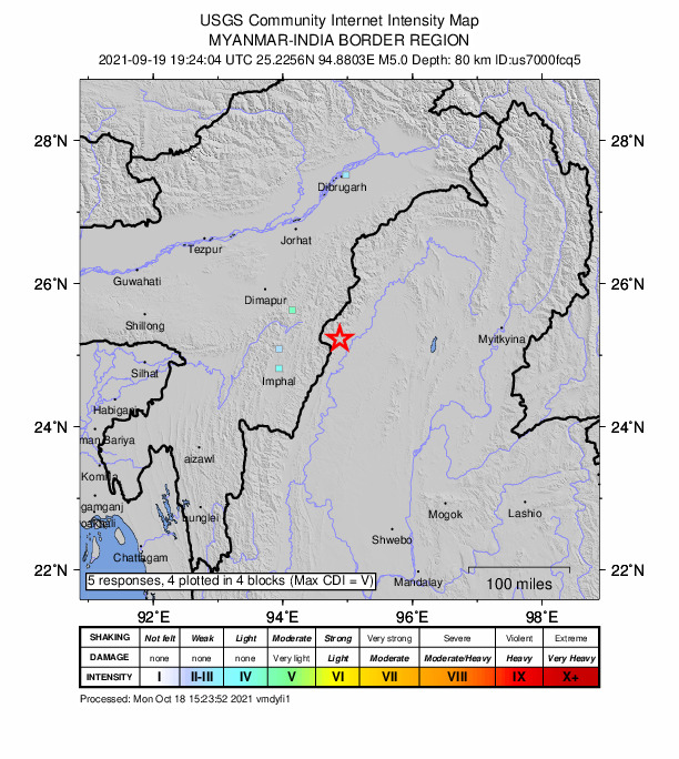 USGS DYFI community-reported intensity map for the M5.0 earthquake near 62 km SE of Phek, India