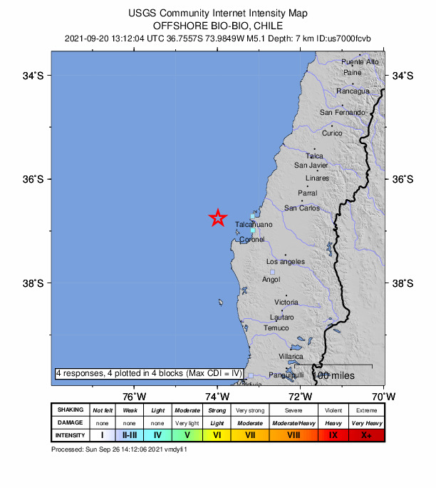 USGS DYFI community-reported intensity map for the M5.1 earthquake near 76 km W of Talcahuano, Chile