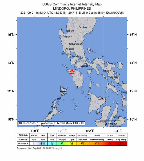 USGS DYFI community-reported intensity map for the M4.9 earthquake near 0 km NE of Cabacao, Philippines