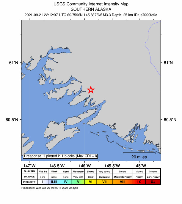 USGS DYFI community-reported intensity map for the M3.1 earthquake near 24 km NNW of Cordova, Alaska